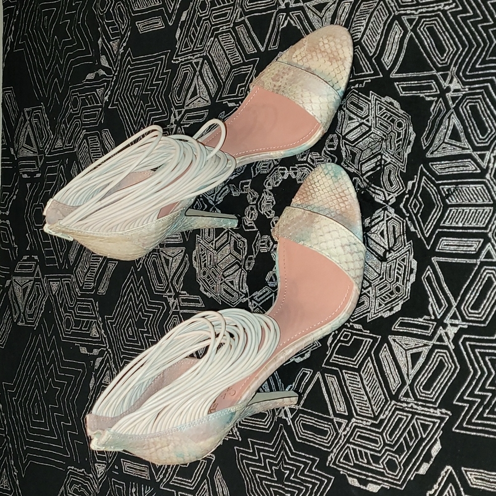 Vince Camuto Wesley Watercolor Swirls Strappy Snakeskin Embossed Heels
